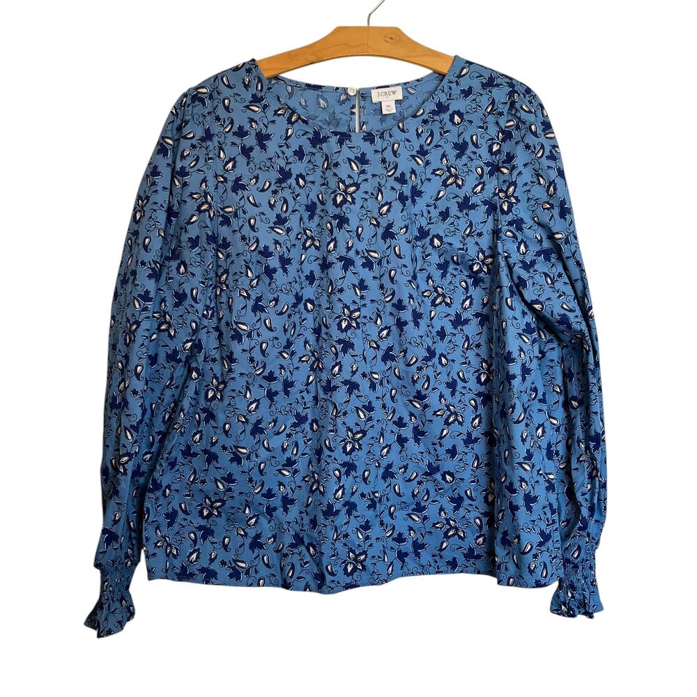 J. Crew Factory Long Sleeve Printed Poplin Blouse Riviera Blue Floral Peasant XL